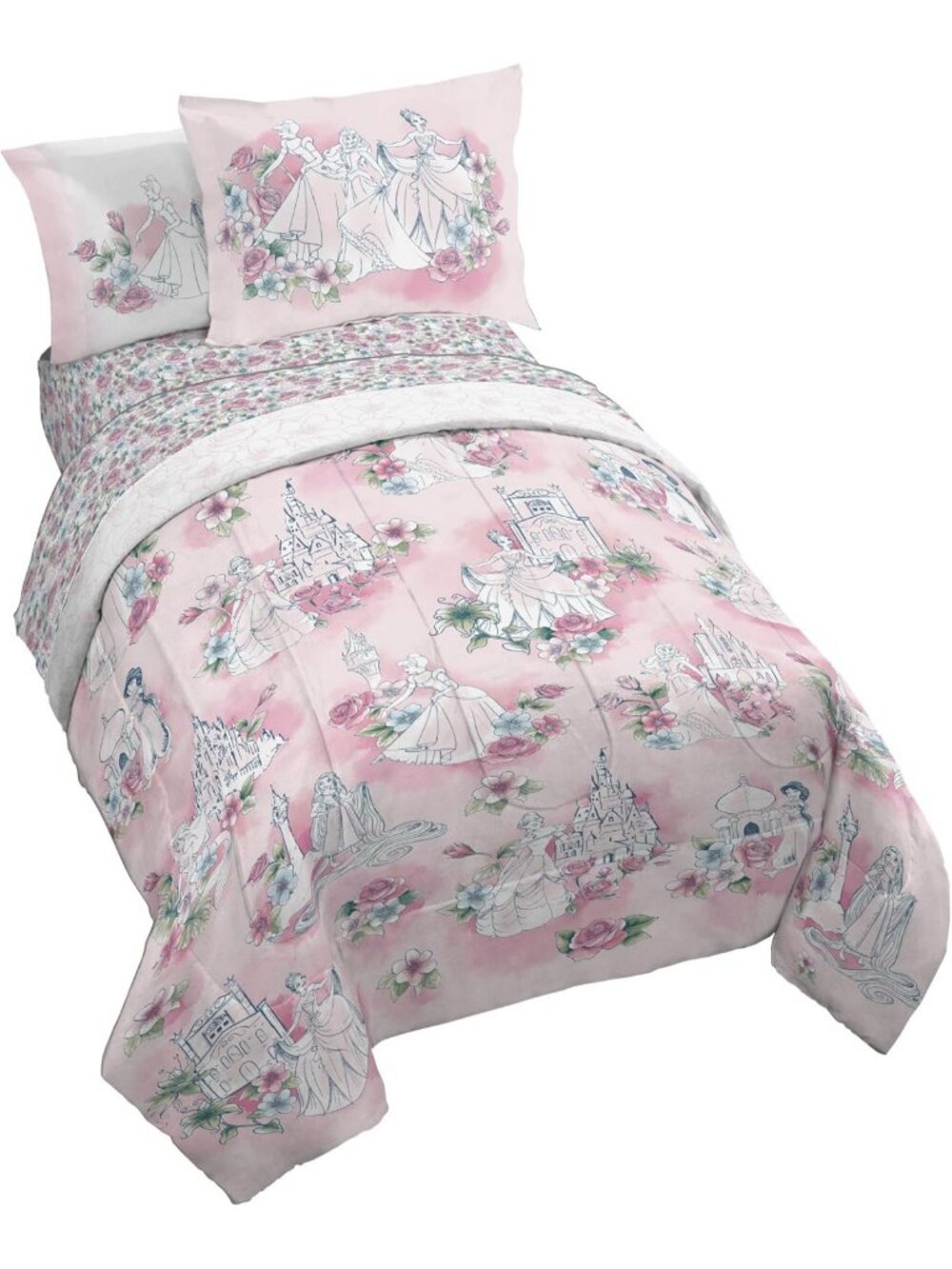 Floral Twin Comforter Set for Girls - 5 Piece Pink Bedding, Disney Princess